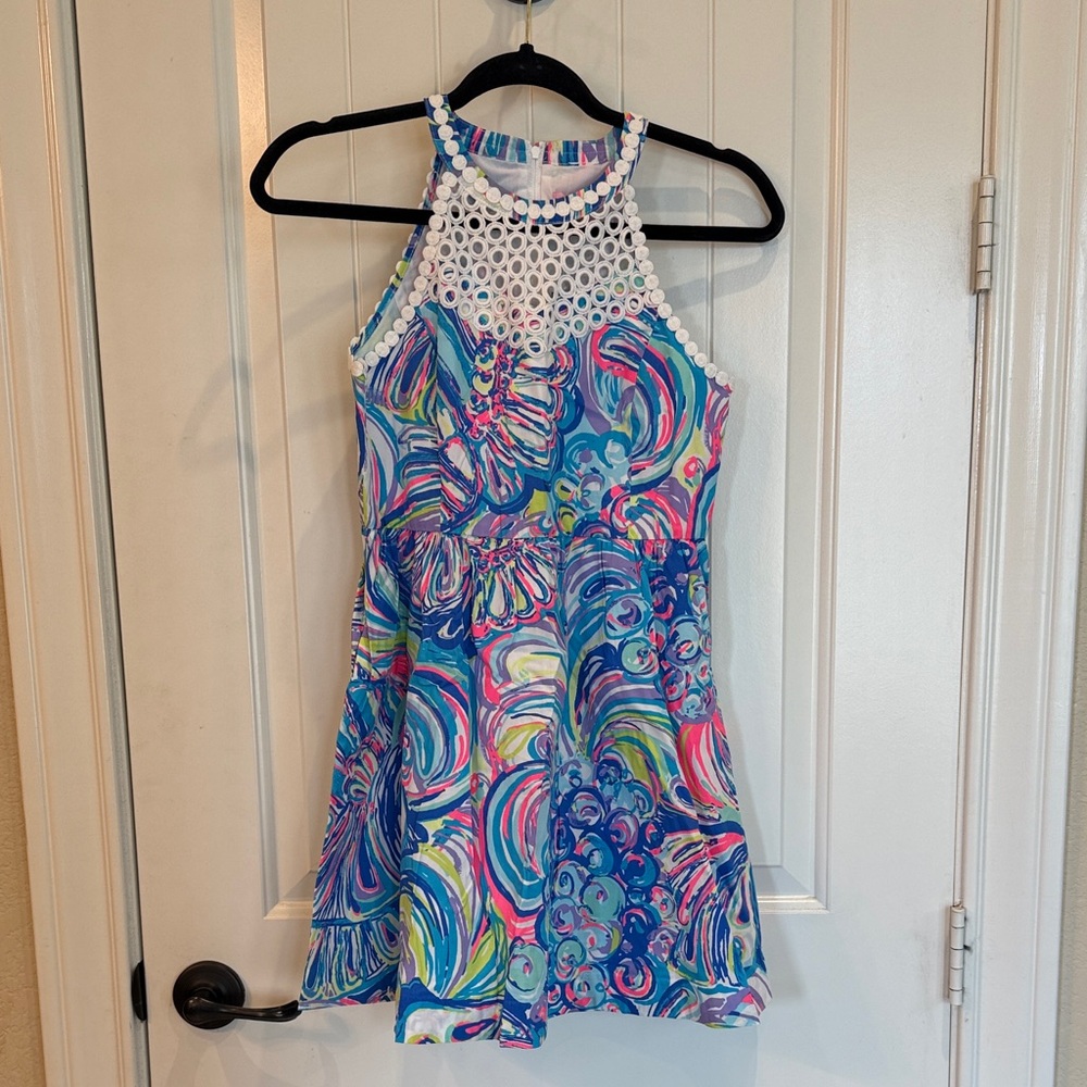 Lilly Pulitzer- Colorful Swirl Halter Dress with Crochet Yoke